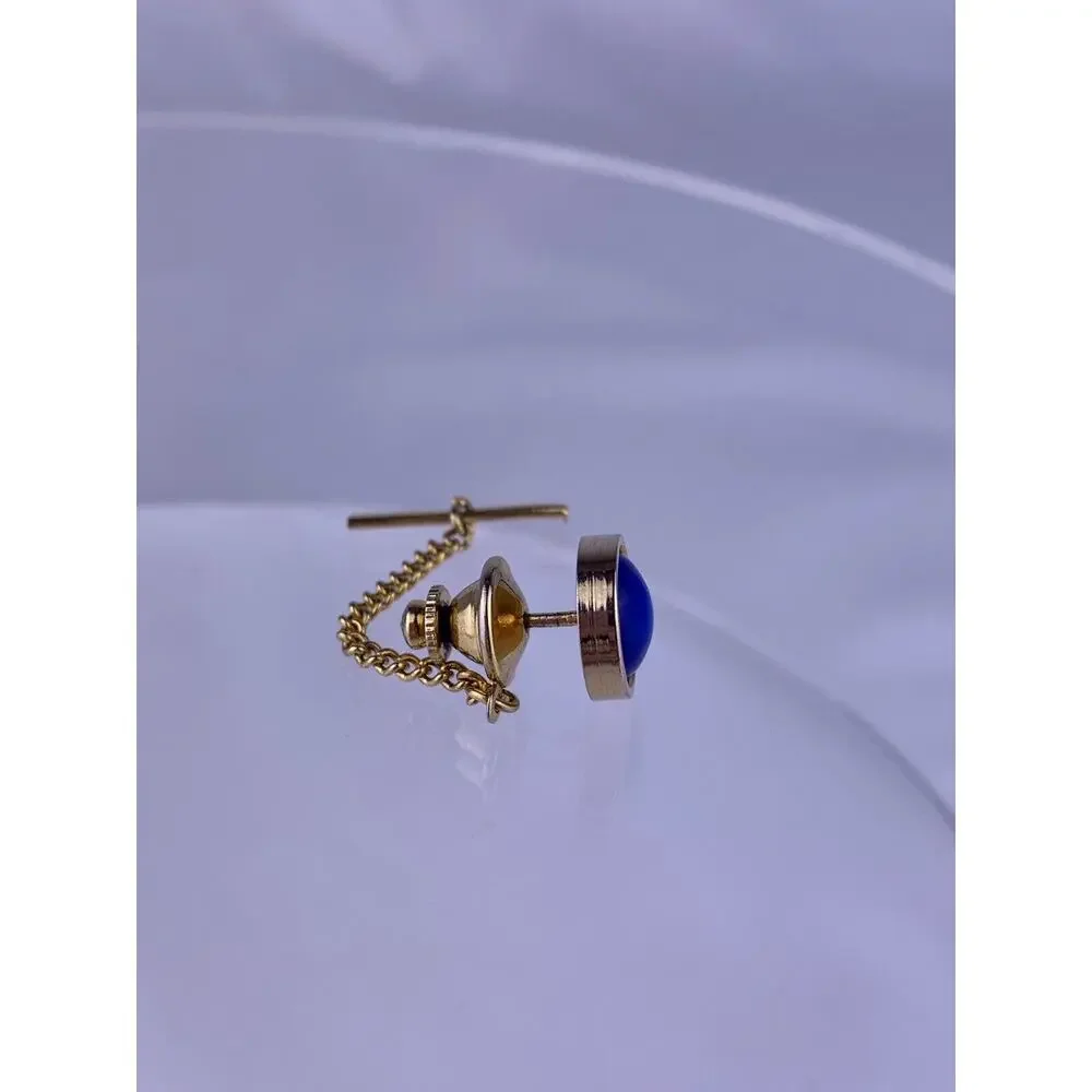 Blue Cabochon Gold Tone Tie Tack Pin Round Simple Formal Wedding Vintage